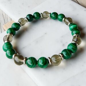 Calm+Comfort Green Malachite Smokey Quartz Crystal Bracelet Silver Steel